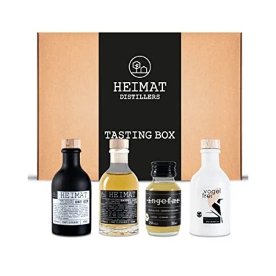 Abbildung von HEIMAT Gin Tasting Set Box (4 x 50ml) Probierset Mini Dry Gin, Barrel Aged Vogelfrei (alkoholfrei) &amp; Ingefaer Ingwer Schnaps Geschenkset mit exklusivem Home Video