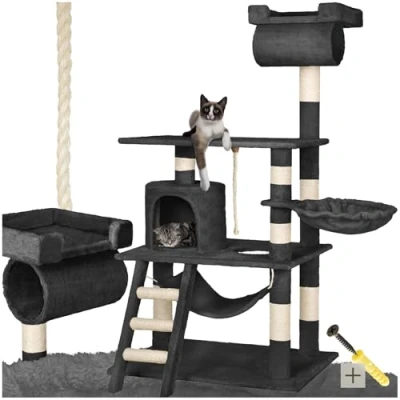 Abbildung von tectake Kratzbaum für Katzen mit Hängematte, Liegemulde, Höhle, Treppe, Röhre und Spielkordel, groß Sisal Plüsch, Kratzmöbel Katzenbaum XXL Hängematte Katze