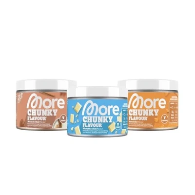 Abbildung von MORE NUTRITION Chunky Flavour, 3er Bundle, 3 x 150 g, Butterkeks, Milchreis Zimt, Weiße Schokolade, Geschmackspulver zum Süßen, ohne viel Zucker und Kalorien, mit Inulin Laktase
