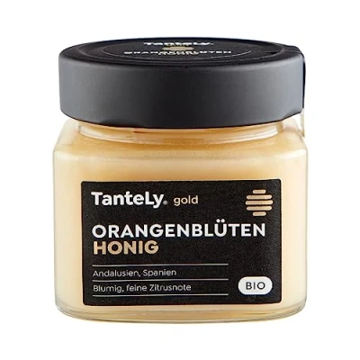 Abbildung von TanteLy Gold Bio Orangenblütenhonig, 275 g Feincremiger, Blumiger Geschmack mit Zitrusnote, Aus den Orangengärten Siziliens