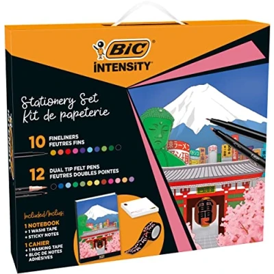 Abbildung von BIC Intensity Stifte Set Japan: 10 Fineliner, 12 Dual Tip Brush Pens, 1 Notizbuch und Klebezettel Block, Ideal als Geschenk
