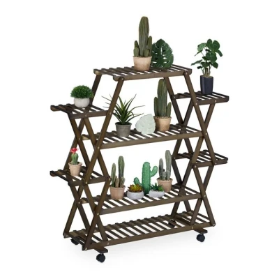 Abbildung von Relaxdays, Dunkelbraun Pflanzenregal, Blumenständer mit 8 Ablagen, Bambus, HBT 110x114x36 cm, rollbar, Blumenregal innen