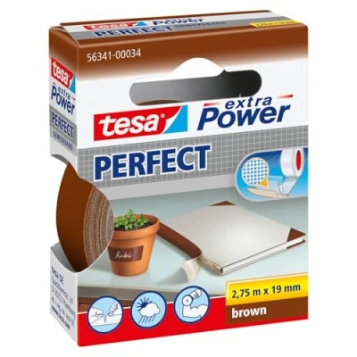 Abbildung von tesa extra Power Perfect Gewebeband Gewebeverstärktes Ductape zum Basteln, Reparieren, Befestigen, Verstärken und Beschriften Braun 2,75 m x 19 mm