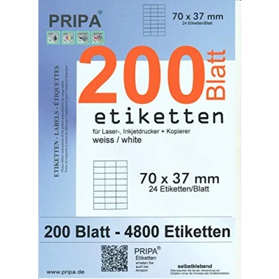 Abbildung von pripa Amazon FBA Versand Etiketten 70,0 x 37,0 mm, 24 Stueck auf A4 200 Blatt DIN selbstklebende DHL Post