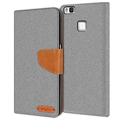 Abbildung von Verco für P9 Lite Hülle, Schutzhülle Huawei Tasche Denim Textil Book Case Flip Klapphülle, Grau