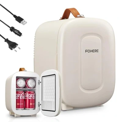 Abbildung von FOHERE Mini Kühlschrank 5 Liter /6 Dosen, Zusätzliche USB Stromversorgung, 220V AC/12V DC, Getränke &amp; Skincare für Schlafzimmer, Auto, Schlafsäle, Büro Schreibtisch, Weiß