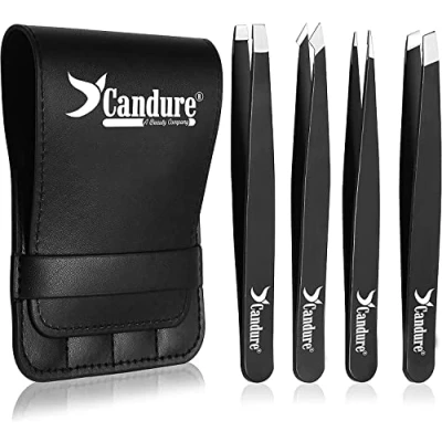 Abbildung von Candure Professionelle Pinzette für Augenbrauen, Präzision, Set mit 4 Pinzetten aus Edelstahl zum Entfernen von Mitessern, eingewachsenen Haaren, Wimpern