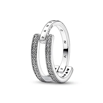 Abbildung von PANDORA Signature Logo &amp; Pavé Doppelband Ring aus Sterling Silber mit Zirkonia, Gr. 52, 192779C01 52