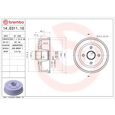 Abbildung von BREMBO 14.E311.10 Bremstrommel mit Radlagersatz 200,1 OPEL: Corsa C Schrägheck, Tigra Twintop, Kastenwagen