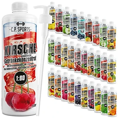 Abbildung von C.P. Sports Getränkesirup für Mineraldrink I Sirup zuckerfrei Vital Drink KIRSCHE mit Vitaminen Getränkekonzentrat zum Mischen Wasser Sport Getränk 1 Liter + Pumpspender