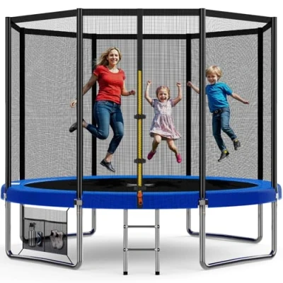 Abbildung von Devoko Trampolin Outdoor Ø 183/228/305/366/427 cm Indoor Kinder Gartentrampoline, Komplettset mit Schuhnetz, Leiter, Randabdeckung, Sicherheitsnetz, Belastbarkeit 150 kg (Blau)