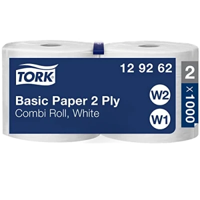 Abbildung von Tork 129262 Standard Papierwischtücher für W1 Bodenständer und Wandhalter System &amp; W2 Innenabrollung Maxi / 2 lagige, stabile Papiertücher in Weiß Universal Qualität x 340 m
