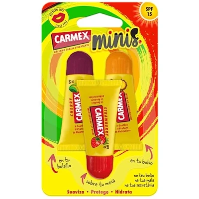 Abbildung von Carmex Triplo Minis Lippenbalsam mit LSF 15, 5 g x 3. Feuchtigkeitsspendend, schützt, repariert, beruhigt und glättet die Lippen.