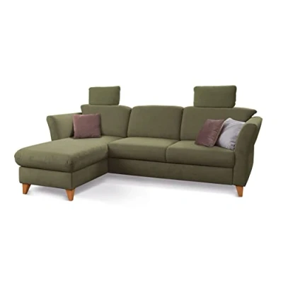 Abbildung von CAVADORE Eckcouch Trend / Skandinavisches Ecksofa mit Federkern, Longchair und zwei Kopfstützen 249 x 86 162 Cord, Olive