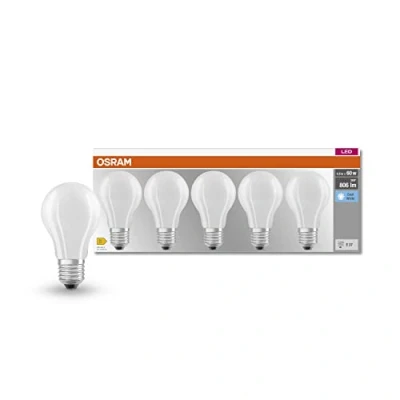 Abbildung von OSRAM LED BASE Classic A60, matte Filament Lampen aus Glas für E27 Sockel, Birnenform, Kaltweiß (4000K), 806 Lumen, Ersatz herkömmliche 60W Glühbirnen, 5er Box
