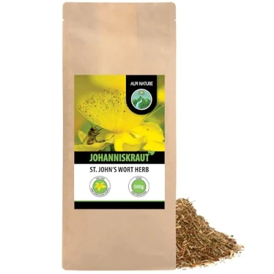 Abbildung von Johanniskraut Tee (500g), Geschnitten, schonend getrocknet, 100% rein und naturbelassen zur Zubereitung von Tee, Kräutertee, Johanniskrauttee