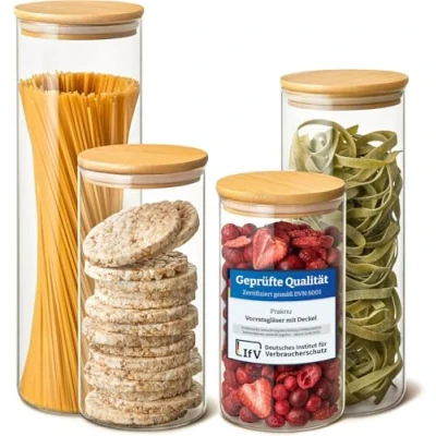 Abbildung von Praknu Vorratsglas mit Deckel 2L 4er Set Aufbewahrung Küche Lebensmittel aus Glas, Borosilikatglas, (Set, 4 tlg), Groß Aufbewahrungsgläser Luftdichte Vorratsdosen Bambusdeckel