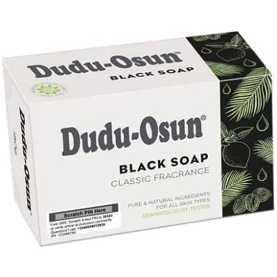 Abbildung von Dudu Osun Classic 1x150g Schwarze Seife mit Sicherheitscode für Echtheit African Black Soap Camping , Dusch Rasier Gesichtsseife [150g]