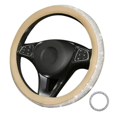 Abbildung von Lifetooler Lenkradbezug Glitzer mit Bling Strass Lenkradhülle Leder Strasssteine Atmungsaktive Universal 38cm/15 Inch Bequem Anti Rutsch Auto Accessoires für Frauen (beige weiß)