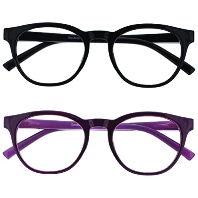 Abbildung von OPULIZE Blu Brille Blaulichtfilter 2er Pack Cool Rund Rahmen Federscharniere Verbessern Den Schlaf Computerbrille Gaming Entspiegelt Schwarz Lila Herren Damen BB5 15 +0.00
