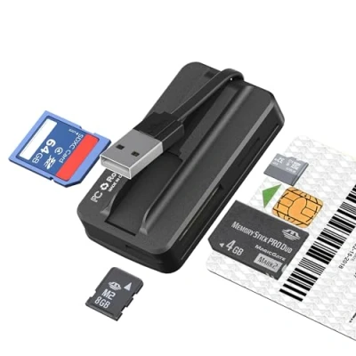 Abbildung von 6 in 1 USB Chipkartenlesegerät SIM Kartenleser, ISO7816 Kontakt SmartCard Reader Gesundheitskarte Lesegerät, Fahrerkarte unterstützt SD, MMC, UHS I, Micro MS, SIM, M2, Smartcards