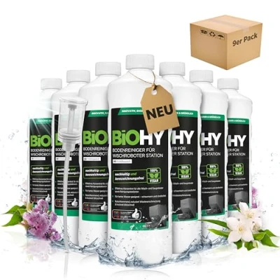 Abbildung von BiOHY Bodenreiniger für Wischroboter Station mit Frühlingsduft (9 x 1 Liter) + Dosierer Reinigungsmittel Konzentrat alle Wisch &amp; Saugroboter Nass Funktion Schaumarm Streifenfrei