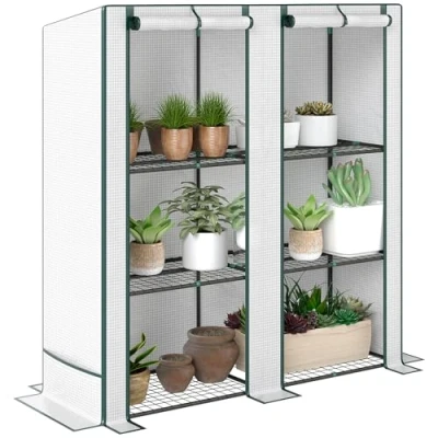 Abbildung von Outsunny Foliengewächshaus mit Pultdach, Doppeltür, Regale, winterfest, aus Stahl, BxTxH: 144 x 48 152 cm, BxLxH: 143 Gewächshaus 1 St., Folien Treibhaus, für Balkon, Garten, Tomaten, Gemüse, Weiß