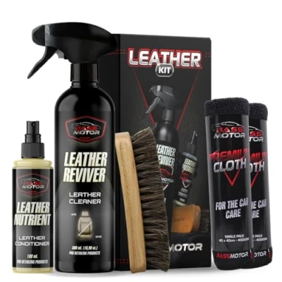 Abbildung von Bass Motor Lederreinigungs Set für Autositze Ledersitze aufbereiten mit Lederreiniger, Pflege, Polier Bürsten und Tüchern Auto Polsterreiniger Lederpflege innnen BassMotor LEATHER REVIVER KIT