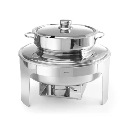Abbildung von HENDI Suppen Chafing Dish, Suppenbehälter hat 2 Griffe, Deckel eine praktische Löffelaussparung, Warmhaltebehälter, Speisewärmer, Behälter, 10L, ø420x(h)380mm, Edelstahl