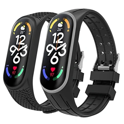 Abbildung von MoKo 2 Stück Armband Kompatibel mit Xiaomi Mi Band 7, Weiches Silikon Ersatzarmband Uhrenarmband Sportarmband für Damen Herren, Grau + Schwarz
