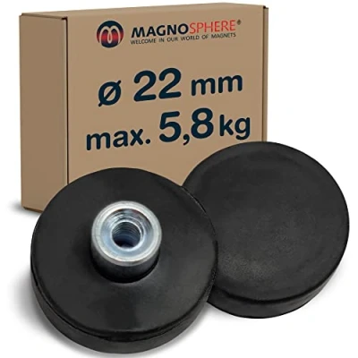 Abbildung von Neodym Magnet System gummiert Ø 22 bis 88 mm Gewinde Buchse (Innen Gewinde) M4 M8 Haftkraft 55 kg Starke Magnete mit Gummi für Schrauben Haken Ösen, Größe: Ø22mm 5.8kg