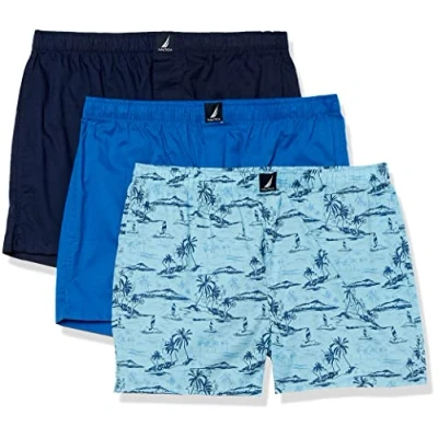 Abbildung von Nautica Herren Cotton Woven 3 Pack Boxers Boxershorts, Spinnerblau/Peacoat/Tropical Scenic Print, X Large