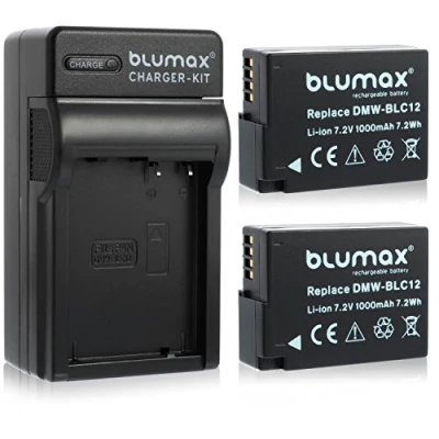 Abbildung von 2X Blumax Akku für Panasonic DMW BLC12 / E 1000mAh + Ladegerät passend zu Lumix DMC: G5 G6 GX8 G70 G81 GH2 FZ200 FZ300 FZ1000 FZ2000 Leica V Lux 4
