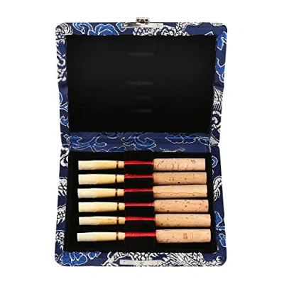 Abbildung von Oboe Schilf Fall, Seidentuch Cover Reed Halter 6 Fach Holz Blätteretui für Reed(Blau)