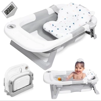 Abbildung von Baby Badewanne, Babywanne, badewanne Mit Thermometer Und Badekissen, Babybadewanne, Faltbar für Neugeborene Kleinkinder, Wanne, Bathtub, faltbare kinder