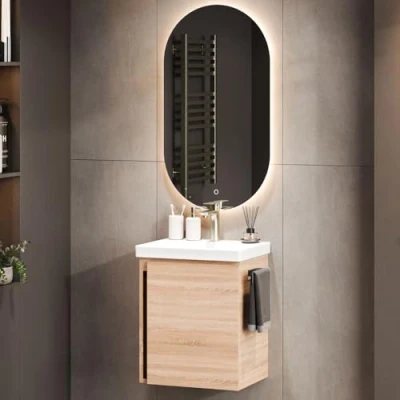 Abbildung von Planetmöbel Waschtischunterschrank in Sonoma Eiche 50cm mit Waschbecken &amp; Spiegel, Badmöbel Set für Badezimmer Gäste WC