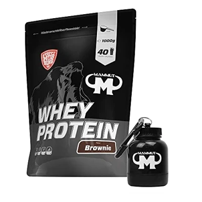 Abbildung von 1kg Mammut Whey Protein Eiweißshake Set inkl. Shaker, Riegel, Powderbank oder Tasse (Brownie, Gratis Powderbank)
