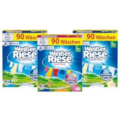 Abbildung von WEISSER RIESE Pulver Set 3x 90 Waschladungen (270WL) 1x Color &amp; 2x Universal, Vollwaschmittel wirkt riesig stark gegen Flecken, Kalt Aktiv schon ab 20 C, ergiebiges Waschpulver