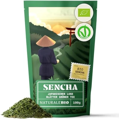 Abbildung von Japanischer Sencha Tee 100 g Bio Grüntee 100% reiner und natürlicher grüner Lose in Blättern der ersten Ernte Bioprodukt angebaut Japan NaturaleBio