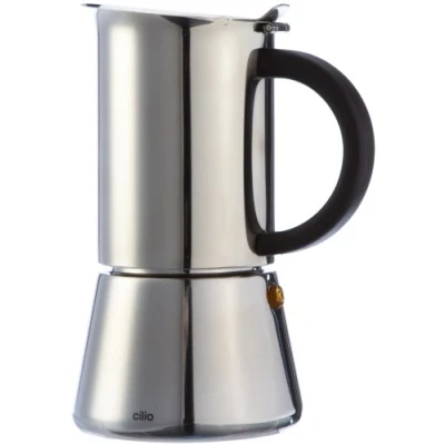 Abbildung von Cilio Espressokocher RIGOLETTO mit Planboden , Edelstahl Für alle Herdarten geeignet Ø 9 cm, Höhe 17,5 cm Spülmaschinengeeignet 4 Tassen Camping Kaffeekocher