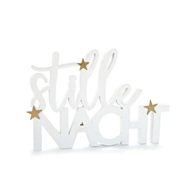 Abbildung von HEITMANN DECO Schriftzug Stille Nacht aus Holz mit Sternen Aufsteller Weihnachtsdekoration Weiß, Gold, Glitzer