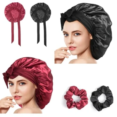 Abbildung von Romon Schlafmütze Satin Bonnet, 2 Stück Schlafhaube Seide zum Nacht mit Gummizug, Haarhaube Schlaf Silk Bonnet Sleep Cap Verstellbare Schlafkappe Kopfbedeckung Weiche Kopfhaube für Damen und Mädchen