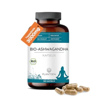 Abbildung von PlantDEA I Bio Ashwagandha Kapseln 3000mg Tagesdosis 180 hochdosiert laborgeprüft Pulver veganes Präparat Ohne Zusätze