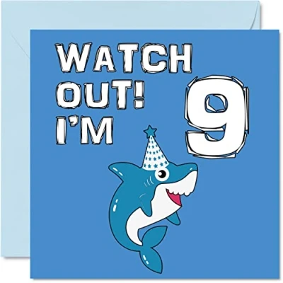 Abbildung von Stuff4 Karte zum 9. Geburtstag Junge Shark Watch Out Alles Gute Geburtstagskarte 9 Jahre alter Junge, Jungenkarten für Ihn, 145mm, Grußkarte Sohn, Bruder, Enkel, Neffe, neunter
