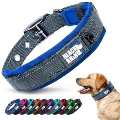 Abbildung von Black Rhino Das Comfort Halsband Super Weiches Neopren Gepostertes Hundehalsband für alle Hunderassen Hochbeanspruchbar Verstellbar Reflektierend Wetterfest (Groß, Blau/Schwarz)