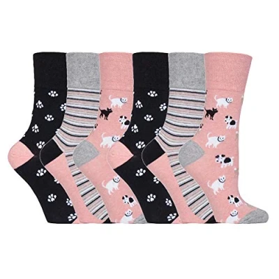 Abbildung von Gentle Grip 6er Pack Damen Baumwolle Reine Bunt Muster Ohne Gummi Socken mit Design (37 42 EU, GG169 Dogs/Cats)