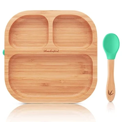 Abbildung von bambuskind Kinderteller mit Saugnapf grün I Inkl. Rezepte Ebook rutschfester Babyteller aus Bambus Löffel Kindergeschirr Set zum Essen lernen ohne schädliche Kunststoffe