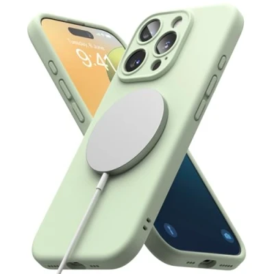 Abbildung von Ringke Silicone Magnetic Case [Kompatibel mit MagSafe] für iPhone 16 Pro Hülle, Weiche Beschichtung Anti Kratzer Schlank Leicht Schutz Handyhülle Magnet Ladegerät/Zubehör Soft Mint