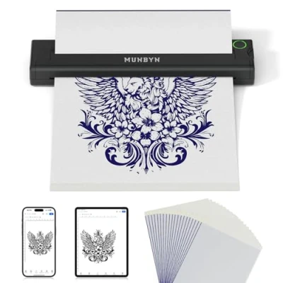 Abbildung von MUNBYN Tattoo Drucker Bluetooth Stencil Printer für Haut Tattoodrucker mit 10 Blatt A4 Transferpapier Thermodrucker Anfänger, Kompatibel Android iOS Mac