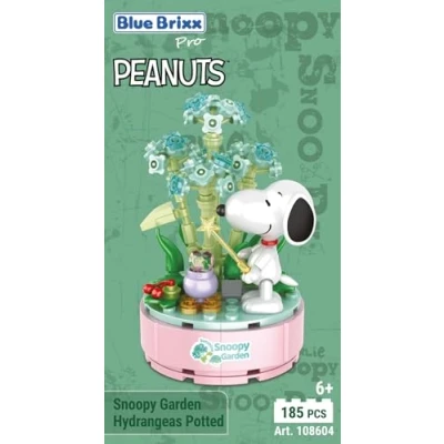 Abbildung von BlueBrixx Pro 108604 Snoopy Garten „Hortensien im Topf“ aus Klemmbausteinen mit 185 Bauelementen